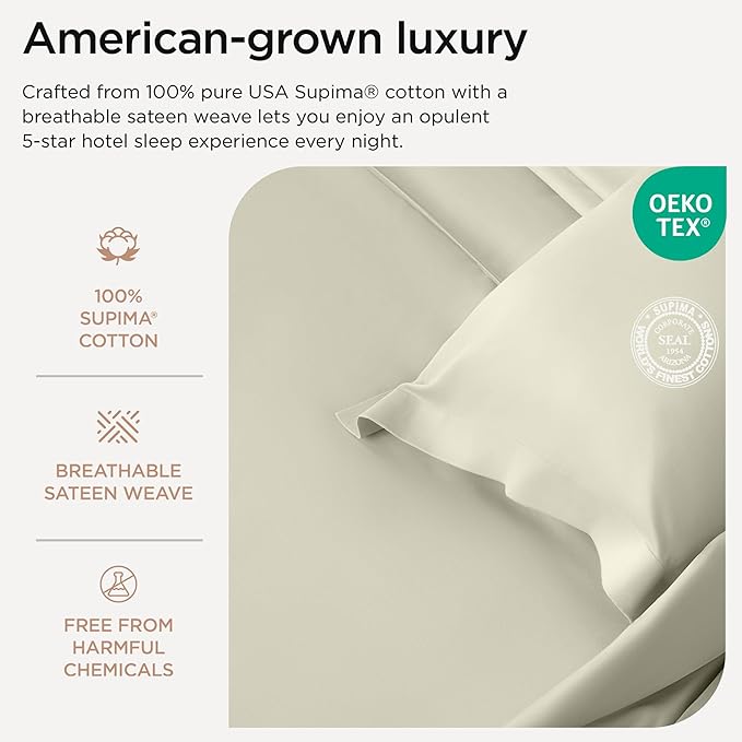 1200 Thread Count 100% Supima Cotton Pillow Covers, Luxury Smooth Solid Sateen | Ivory